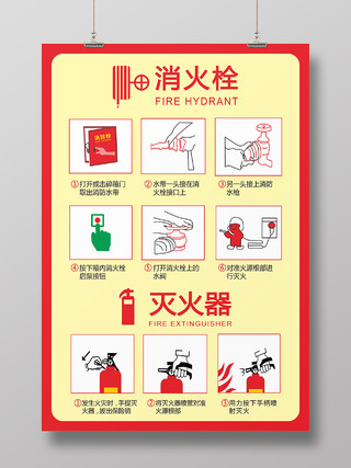 红黄色简约消防消火栓灭火器海报背景消防栓灭火器使用方法